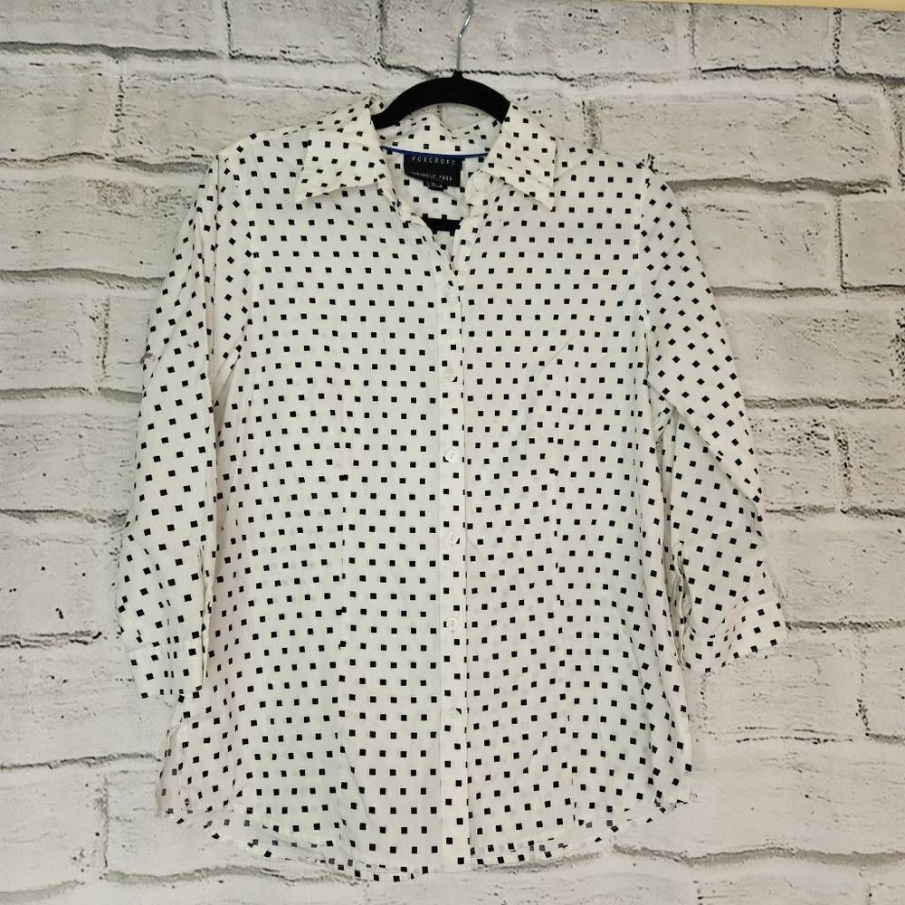Foxcroft Wrinkle Free Fitted Cotton Geometric Button Up Blouse Black White Sz 8
